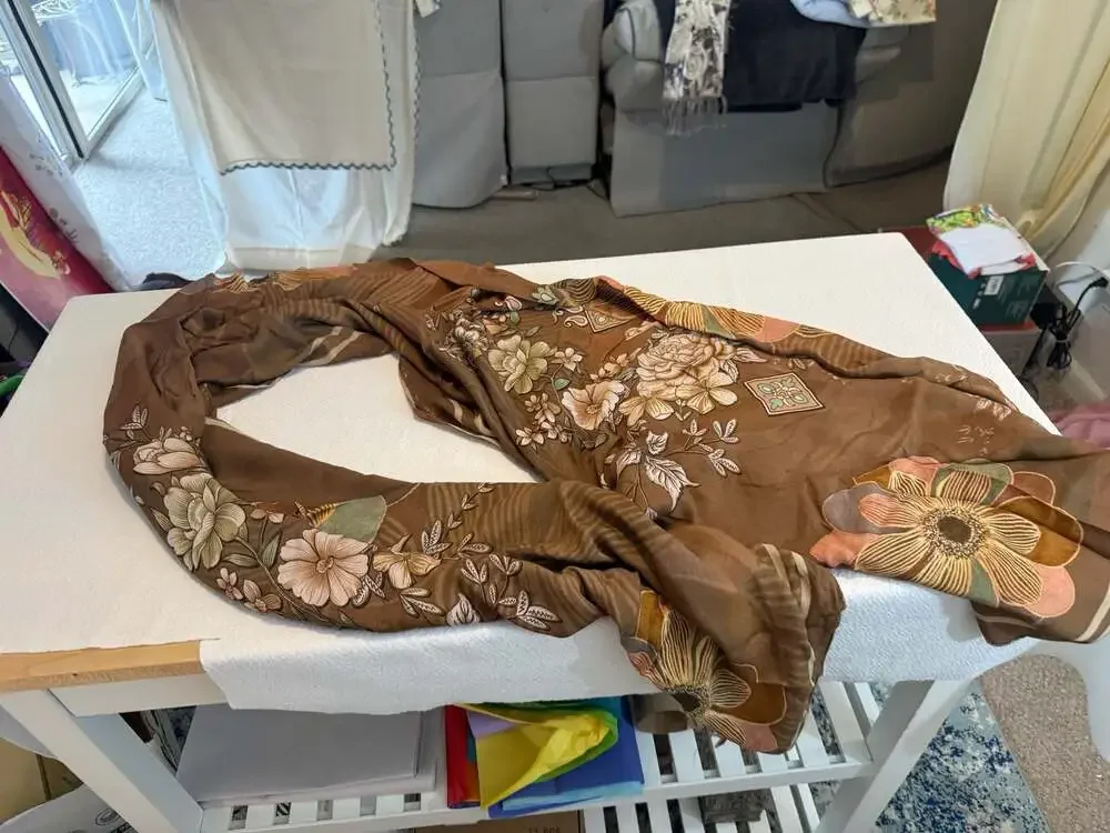 Vintage Brown Floral Print Lightweight Oblong  Silk Scarf